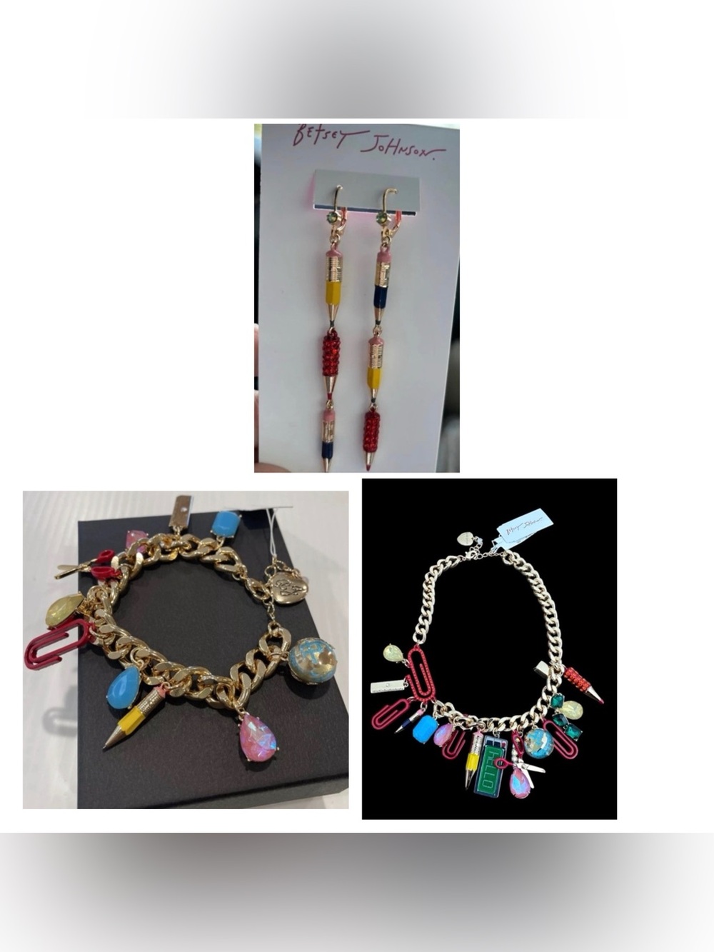 BETSEY JOHNSON SET Back to School Charm Necklace Bracelet & Earrings NEW NWT